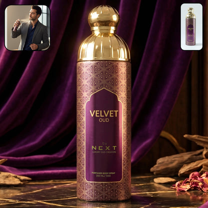 Wukusy Next Velvet Oud Premium Perfumed Body Spray 200ml bottle with elegant packaging and velvet-textured design.