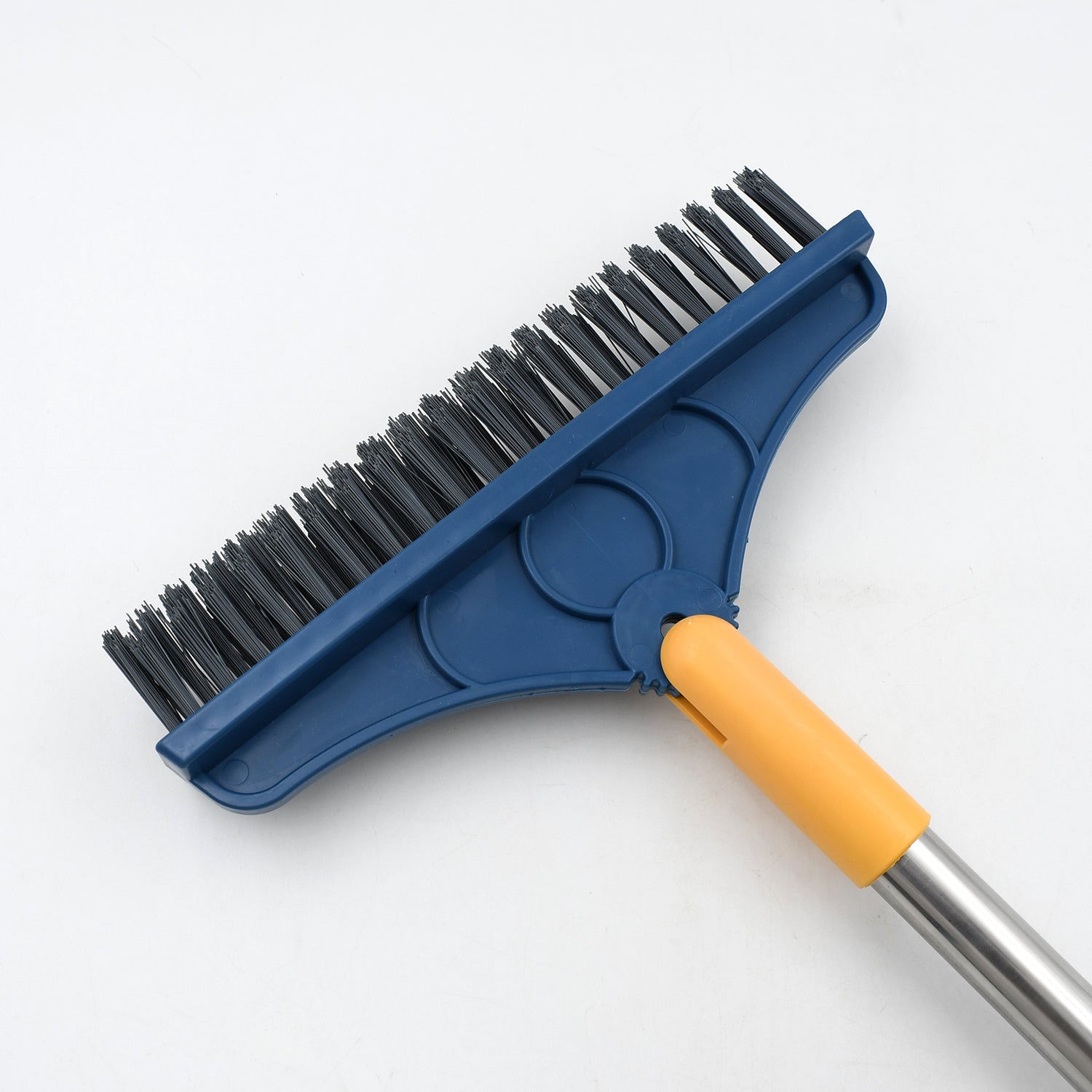 Wukusy 2-in-1 long handle cleaning brush with rotatable triangular head and wiper for bathroom and kitchen cleaning.