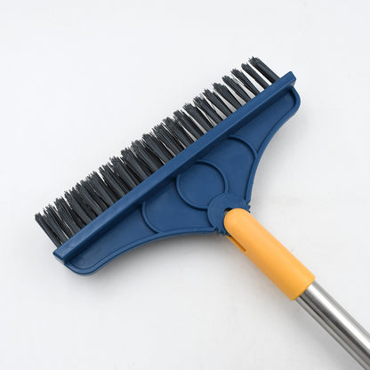 Wukusy 2-in-1 long handle cleaning brush with rotatable triangular head and wiper for bathroom and kitchen cleaning.