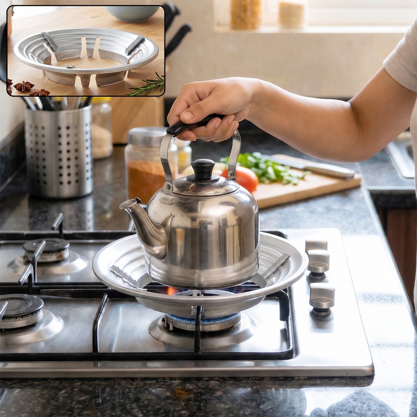 Stainless steel gas stove burner stand with wok support ring and trivet for efficient cooking. Wukusy brand, single piece.