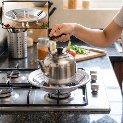 Stainless steel gas stove burner stand with wok support ring and trivet for efficient cooking. Wukusy brand, single piece.