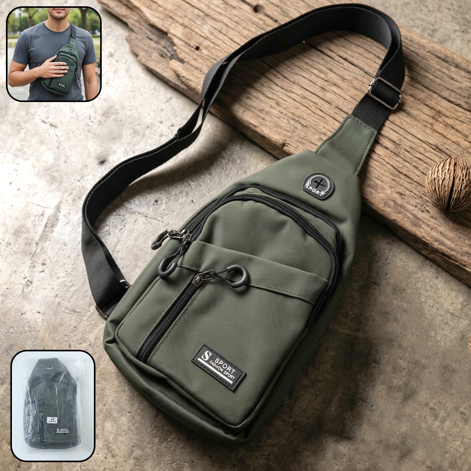 Wukusy durable waist bag with zipper, crossbody sling style, shown in black fabric with adjustable strap and multiple compartments.