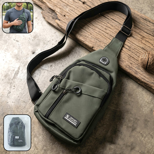 Wukusy durable waist bag with zipper, crossbody sling style, shown in black fabric with adjustable strap and multiple compartments.