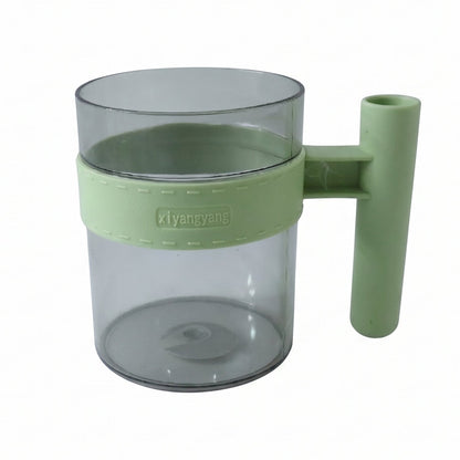 Clear plastic reusable water, tea, and coffee mug with handle by Wukusy, showcasing its transparent design and sturdy grip.