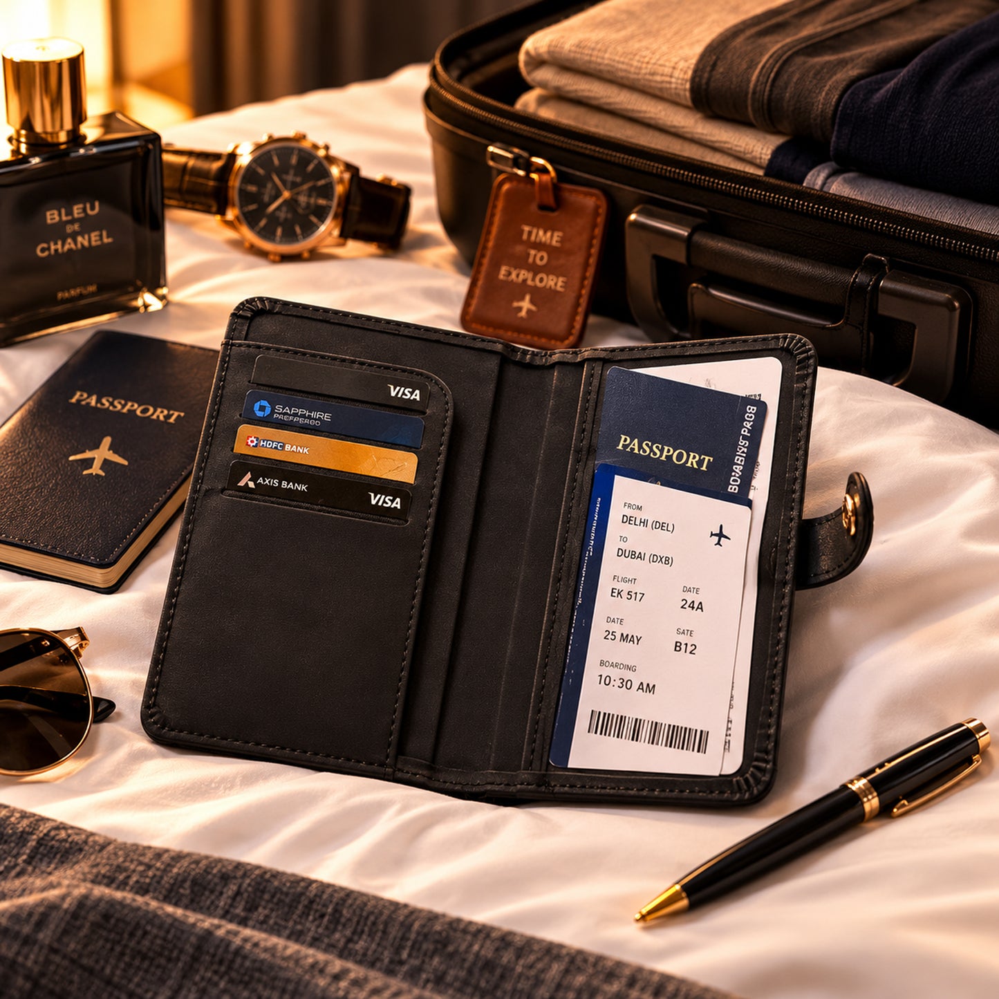 Wukusy mix travel passport holder wallet with multiple compartments for documents and cards, black cover case for travel organization