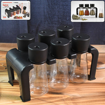 Six clear plastic spice jars with a black stand, part of the Wukusy 6-piece spice jar set for kitchen organization.