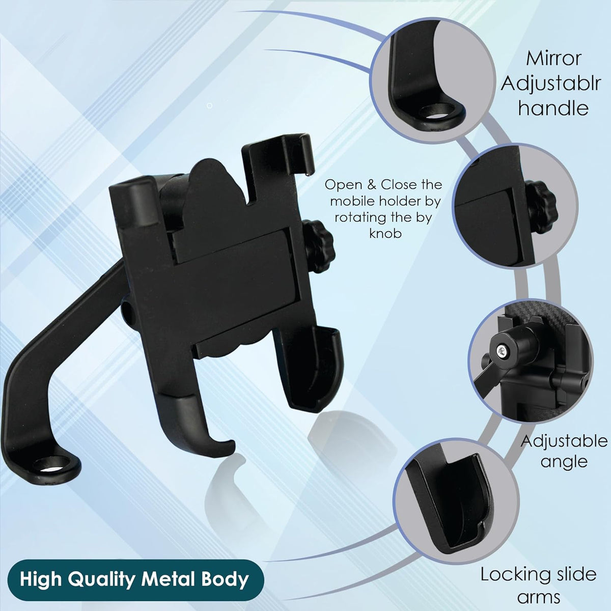 Wukusy full metal body bike and scooter mobile holder stand with 360-degree rotation for smartphones, GPS, and maps on bicycles and motorcycles.