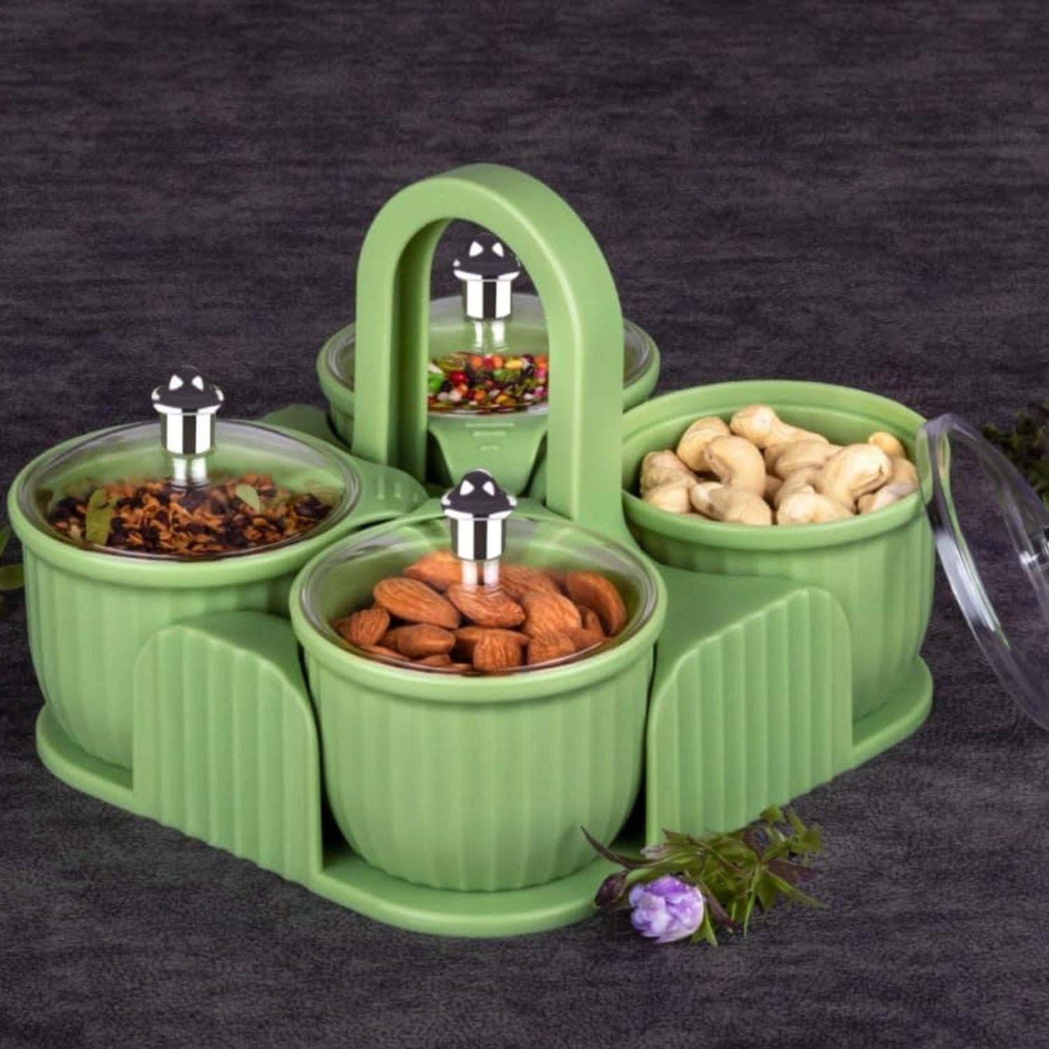 Wukusy 4-piece plastic dry fruit and snack storage jar set with airtight lids, ideal for home kitchen spice and candy organization.