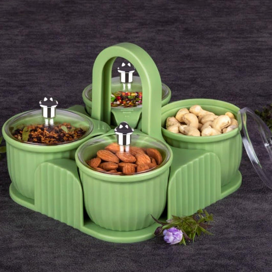 Wukusy 4-piece plastic dry fruit and snack storage jar set with airtight lids, ideal for home kitchen spice and candy organization.