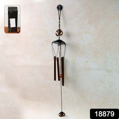 Metal wind chime with Om symbol by Wukusy, featuring hanging tubes and intricate design, outdoor decorative garden ornament