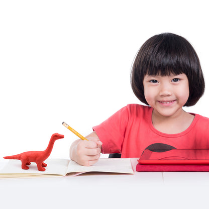 Wukusy dinosaur-shaped erasers featuring colorful 3D animal designs, perfect for kids' desks, school rewards, and party favors.