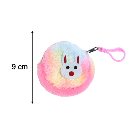 Cute bunny design rainbow fur mini coin purse keychain by Wukusy, featuring colorful fur and adorable bunny details.