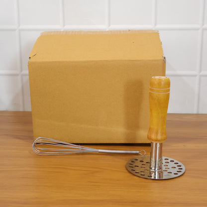 Wukusy stainless steel manual whisk and pav bhaji potato masher combo set, showing two durable kitchen utensils on a countertop.