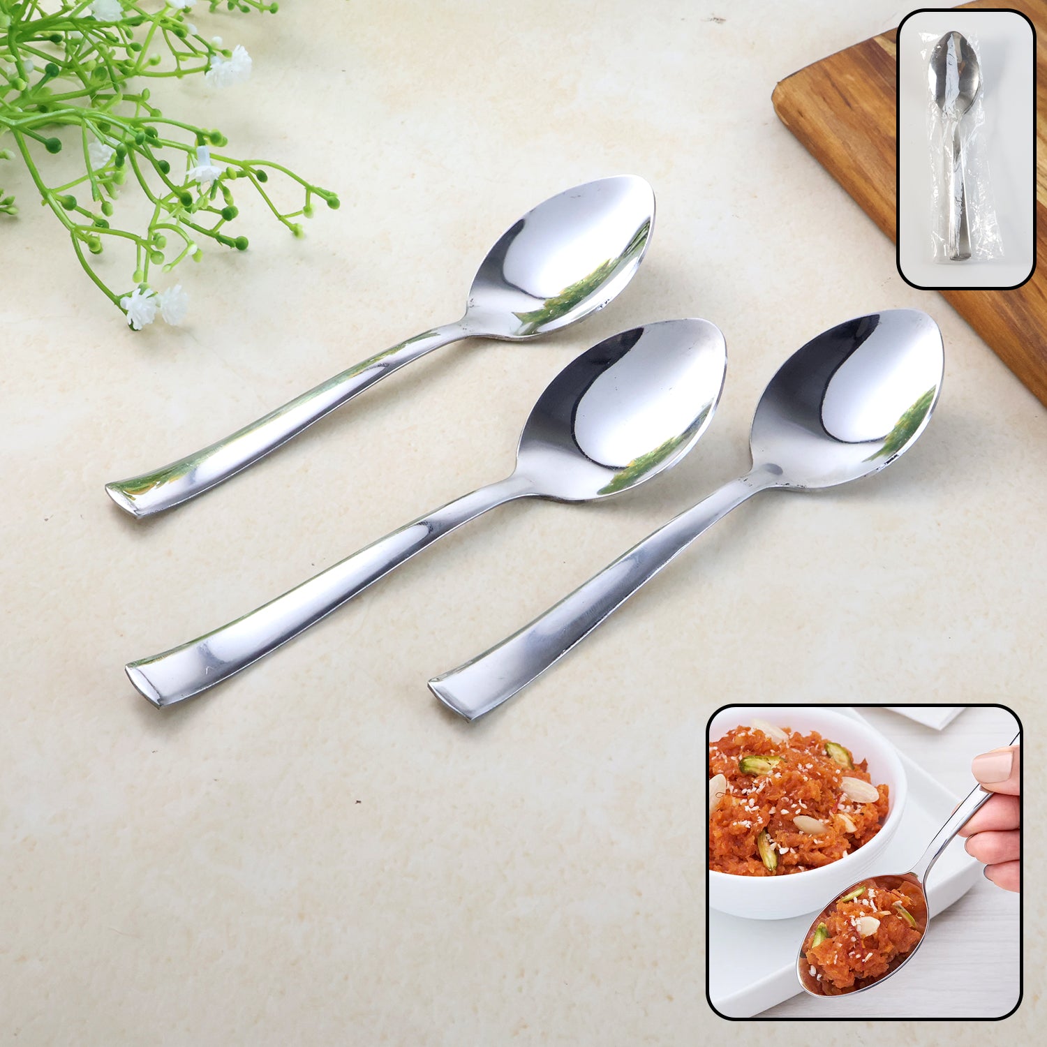 Wukusy 3-piece set of everyday dining spoons for home use, featuring stainless steel handles and smooth, rounded bowls.
