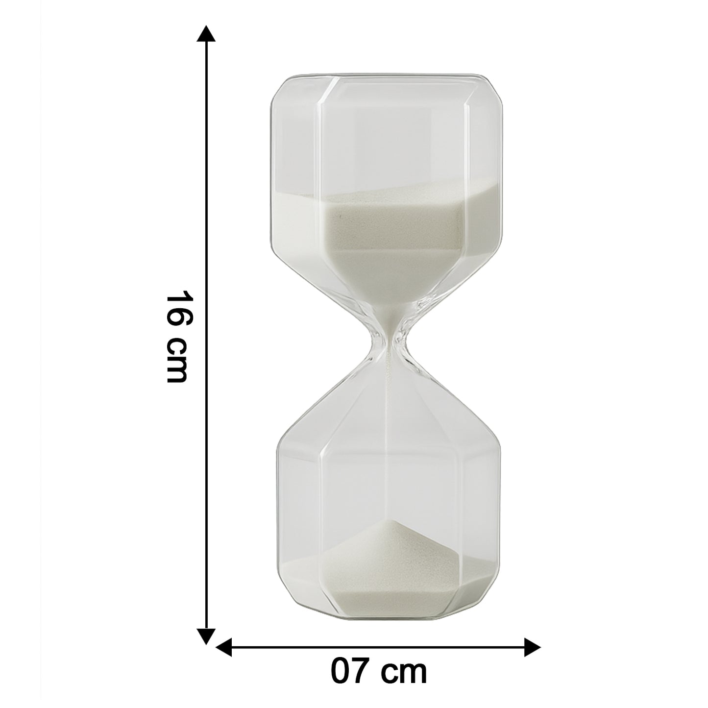 Elegant glass hourglass sand timer for office use by Wukusy, featuring clear glass with flowing sand inside.