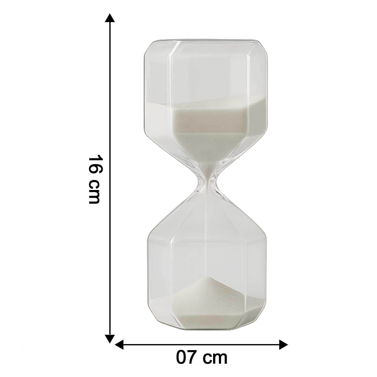Elegant glass hourglass sand timer for office use by Wukusy, featuring clear glass with flowing sand inside.