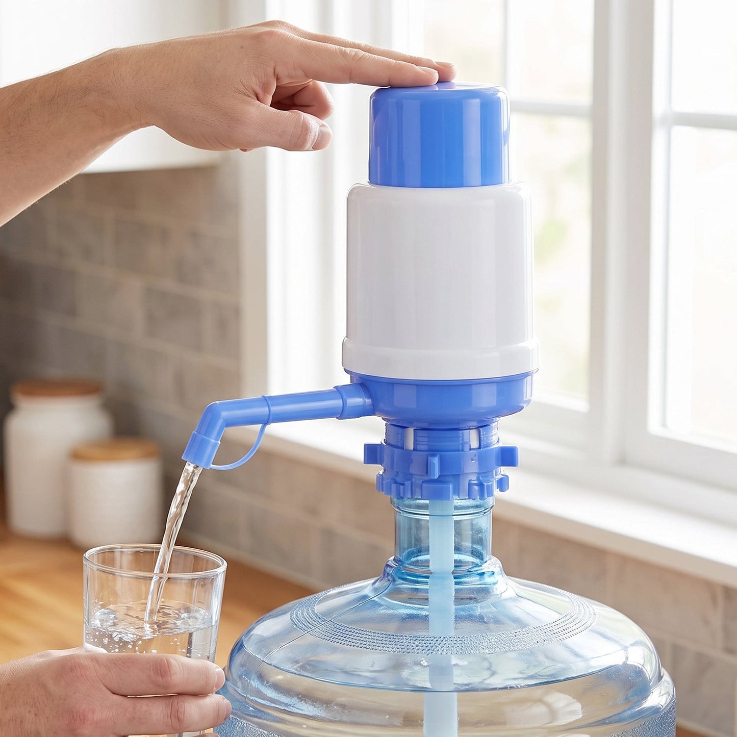 Wukusy manual hand water pump dispenser attached to a 20-liter water can for easy water dispensing.
