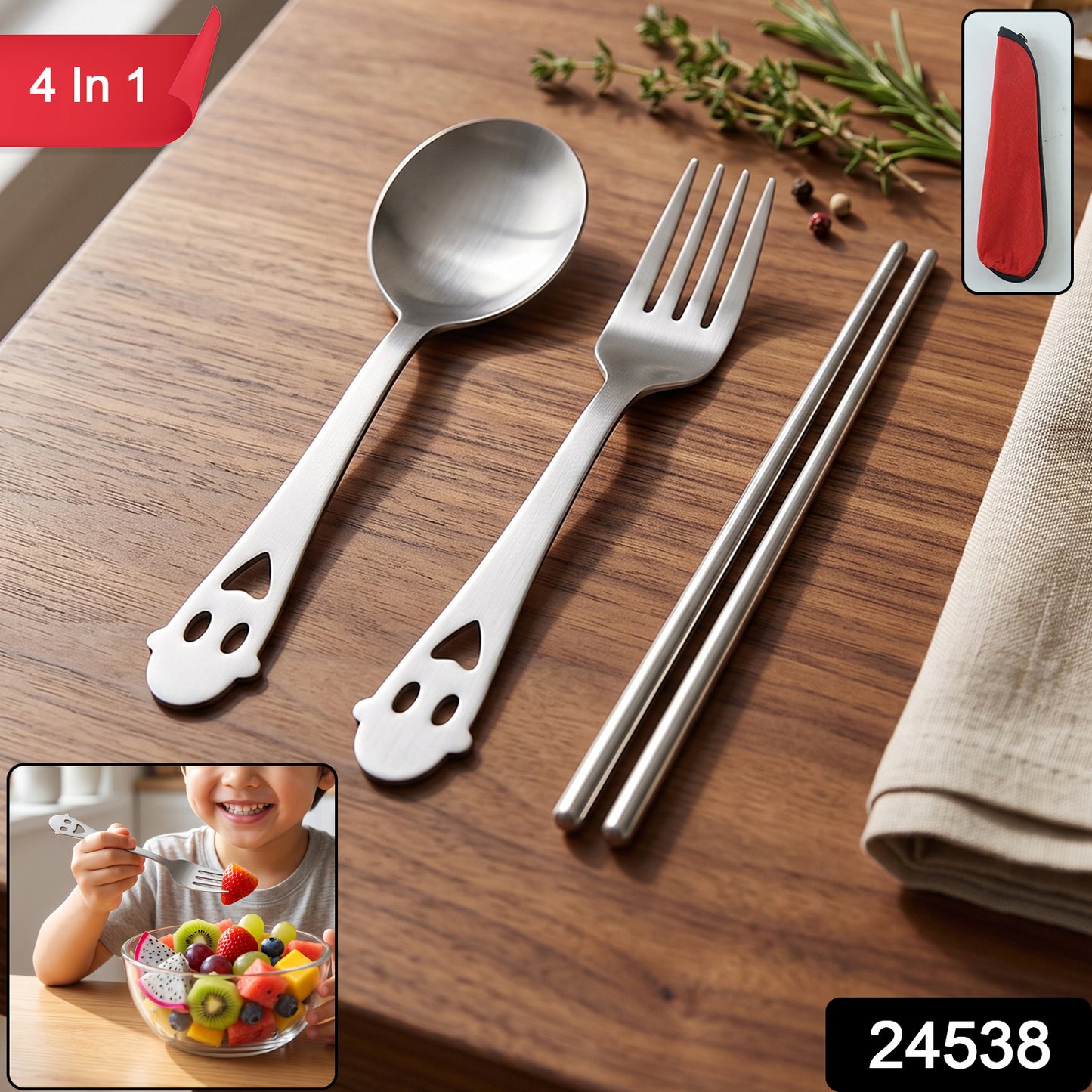 Wukusy stainless steel portable cutlery set with spoon, fork, chopsticks, and pouch, perfect for travel and outdoor meals.