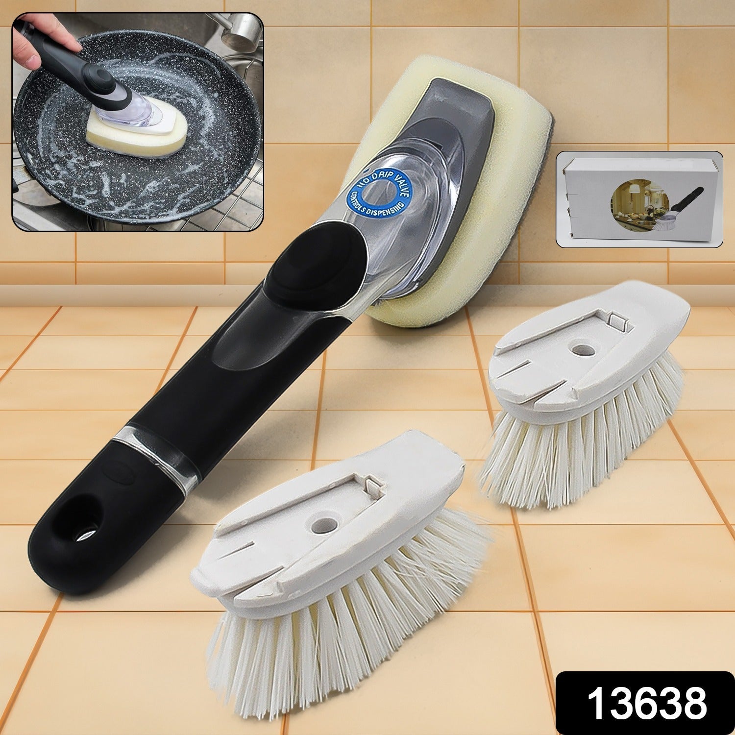 Wukusy dish scrubber with soap dispenser and dish brush set, featuring a handle and bristles for effective kitchen cleaning.