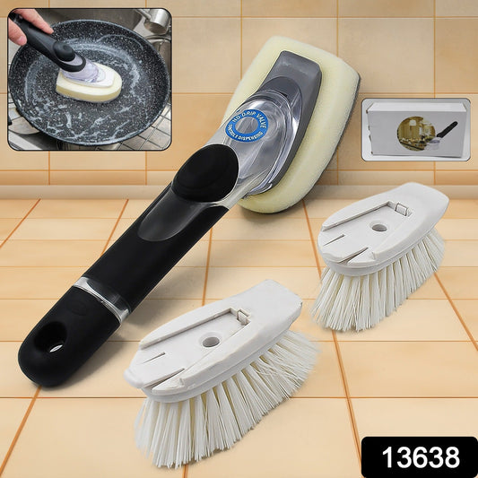 Wukusy dish scrubber with soap dispenser and dish brush set, featuring a handle and bristles for effective kitchen cleaning.