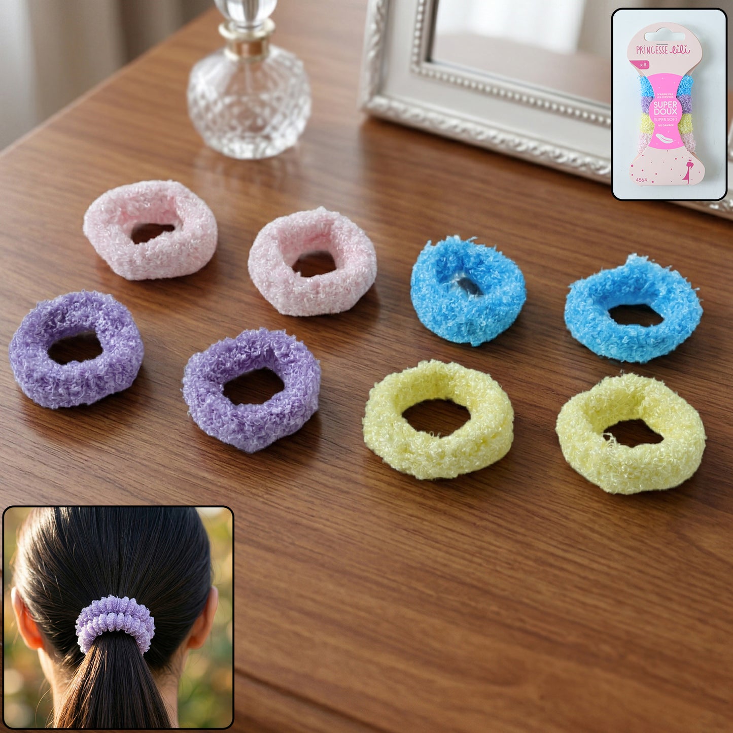 Set of 8 soft terry elastic hair bands by Wukusy, showing colorful, stretchy hair ties with soft terry fabric for gentle hold.