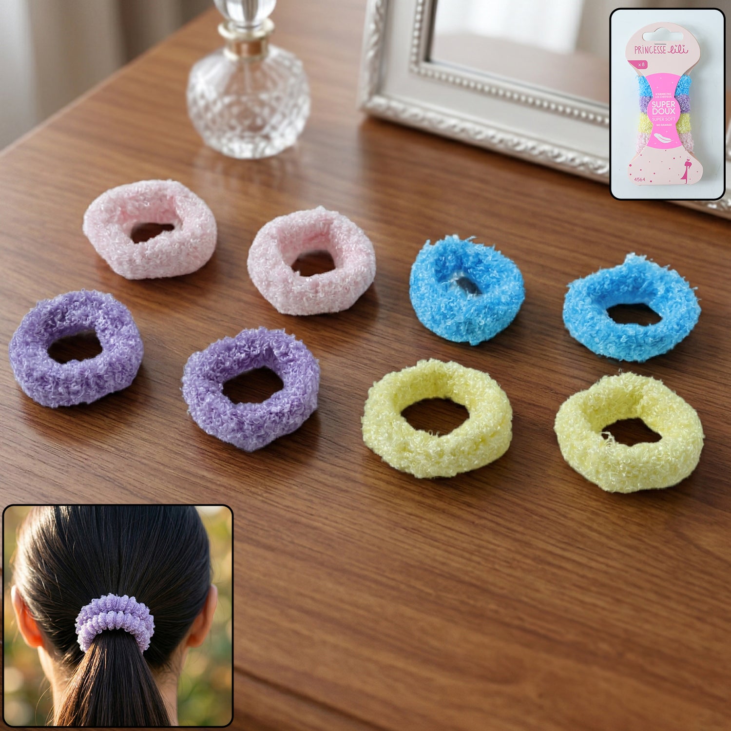 Set of 8 soft terry elastic hair bands by Wukusy, showing colorful, stretchy hair ties with soft terry fabric for gentle hold.