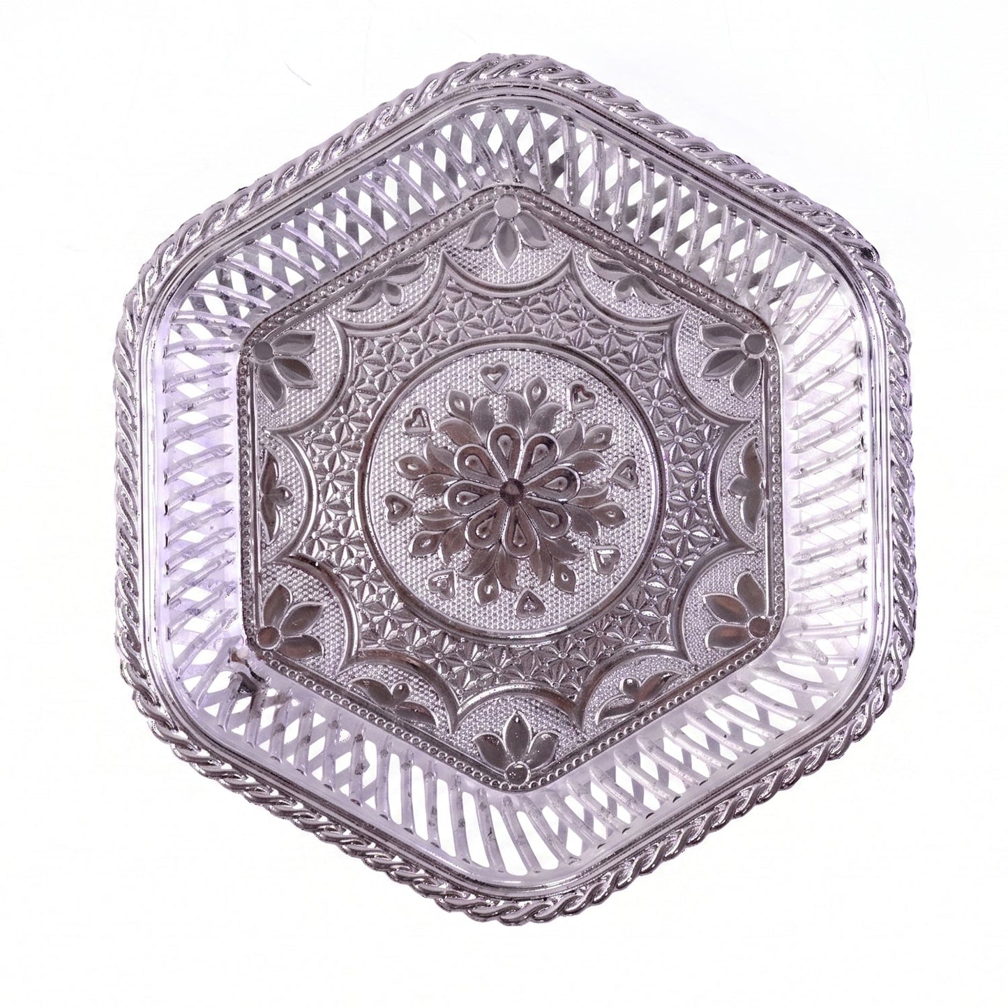 Decorative silver serving tray with traditional embossed floral design by Wukusy, showcasing intricate floral patterns and elegant craftsmanship.