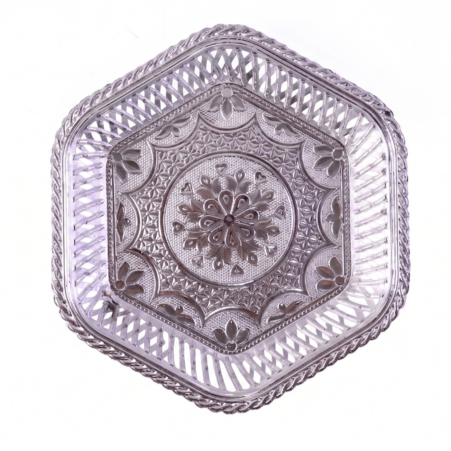 Decorative silver serving tray with traditional embossed floral design by Wukusy, showcasing intricate floral patterns and elegant craftsmanship.