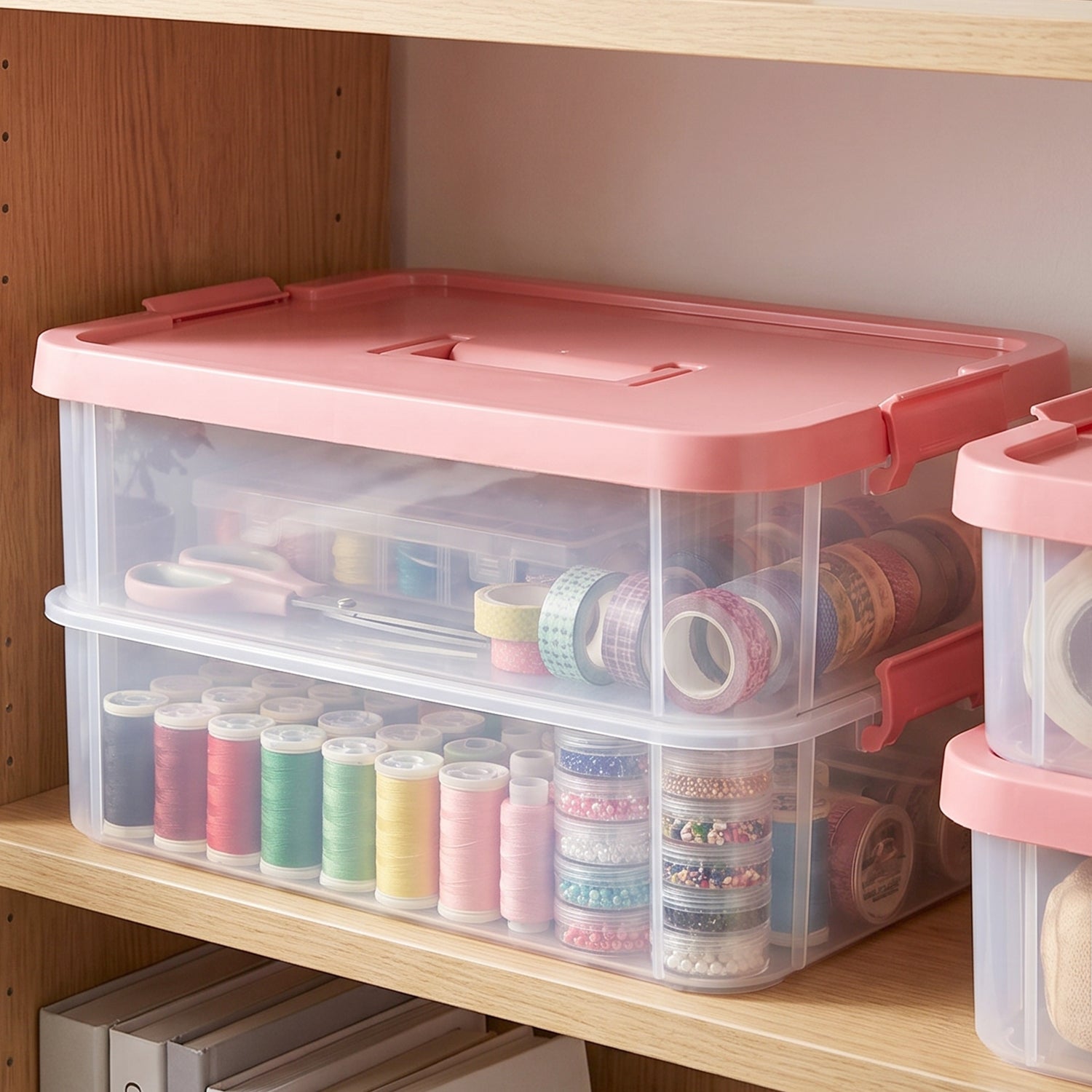 Wukusy plastic transparent storage box with lid, 2-layer stackable organizer, large 2XL size, ideal for organizing household items.