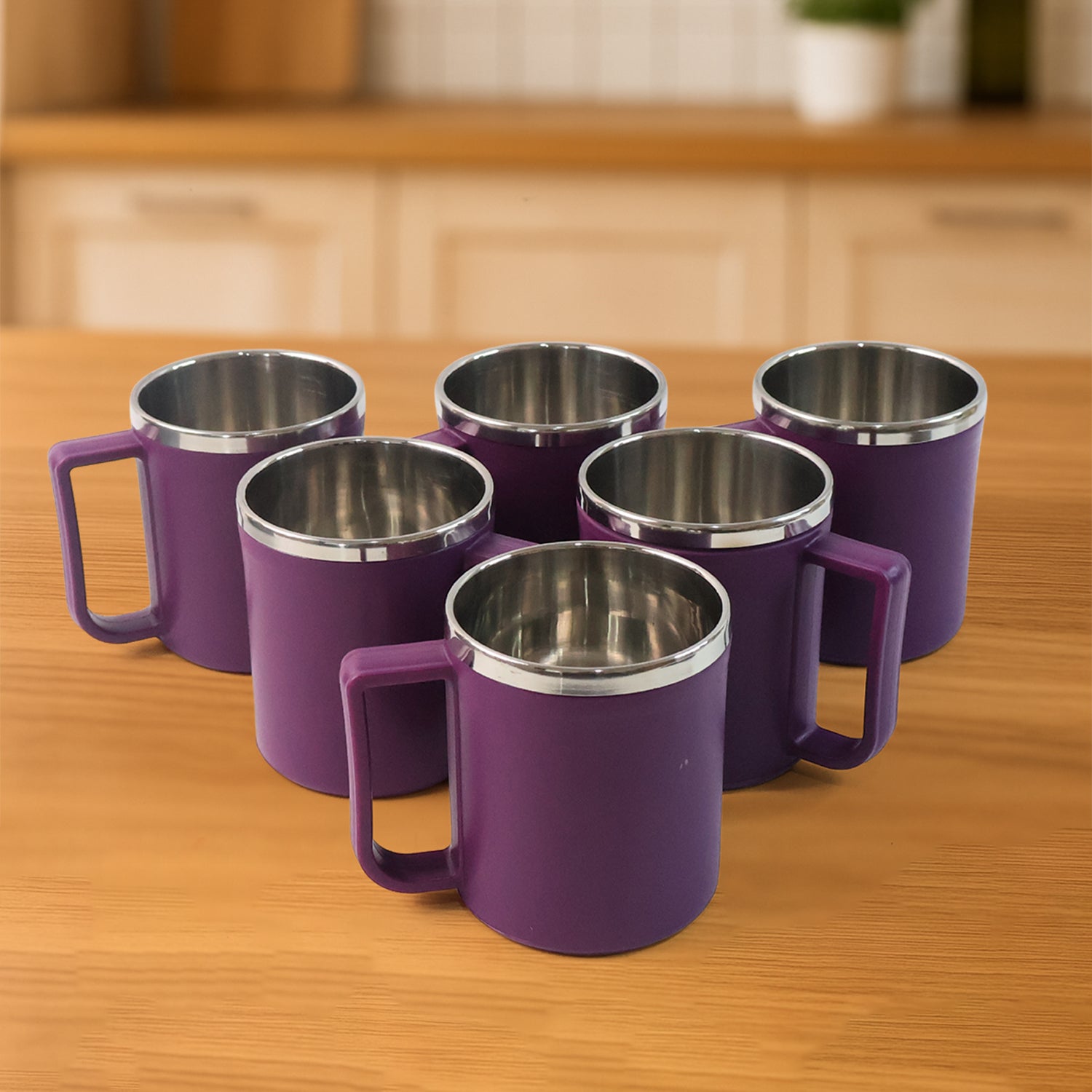 Six Wukusy Supermom stainless steel coffee mugs, 200ml each, arranged in a set for home and kitchen use.