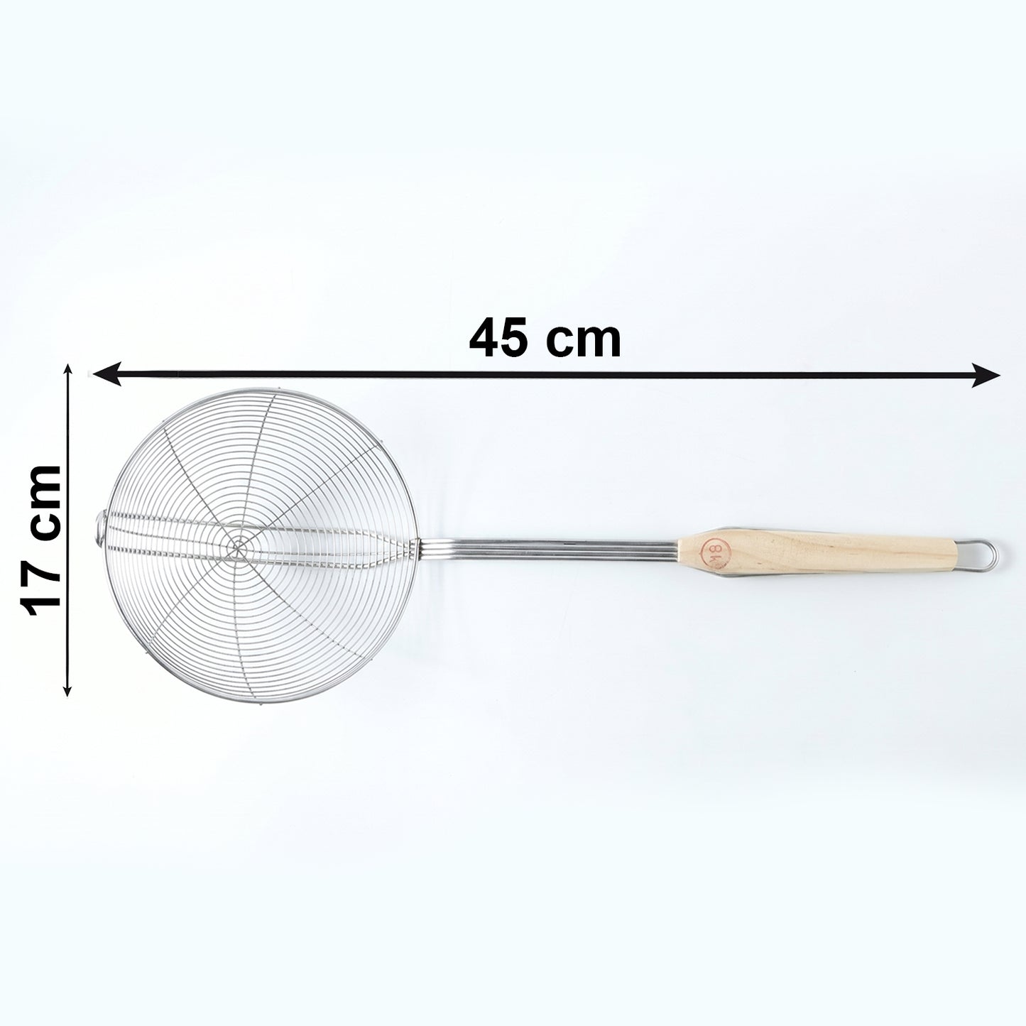 Wukusy stainless steel frying skimmer strainer with wooden handle, 45 cm, ideal for frying and draining foods.