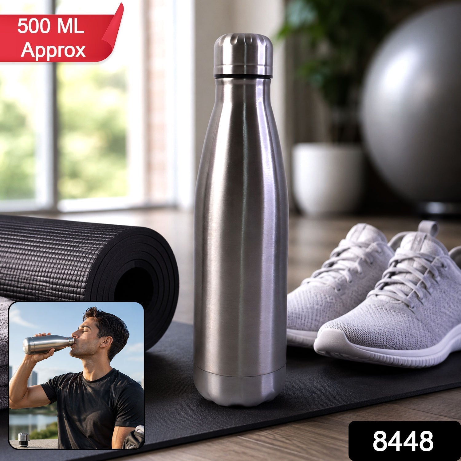 Wukusy stainless steel leak-proof water bottle, 500ml, designed for gym, school, and office use, with a sleek silver finish.