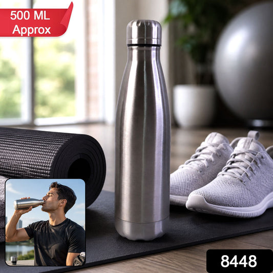 Wukusy stainless steel leak-proof water bottle, 500ml, designed for gym, school, and office use, with a sleek silver finish.
