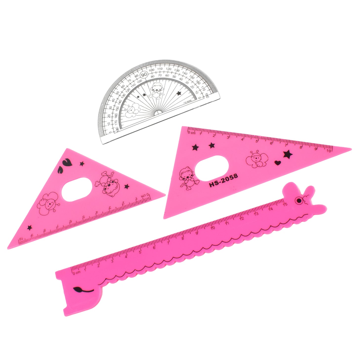 Set of four Wukusy cartoon giraffe-themed office rulers including scale, meter, and triangle rulers on a desk.