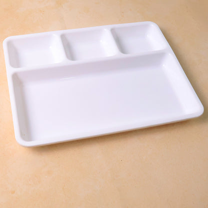 White plastic 4-compartment rectangular meal serving tray from Wukusy, ideal for home and kitchen use.
