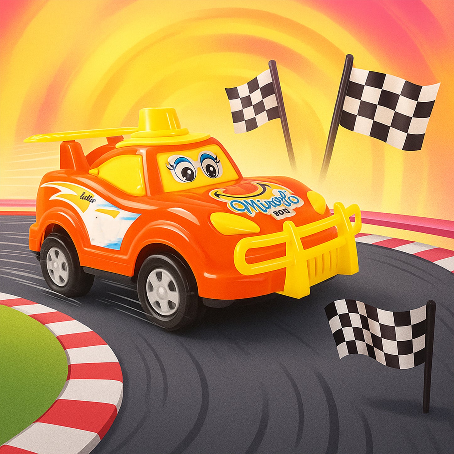 Wukusy Funwoods friction-powered cartoon racing car toy with colorful design, suitable for children, on a plain background.