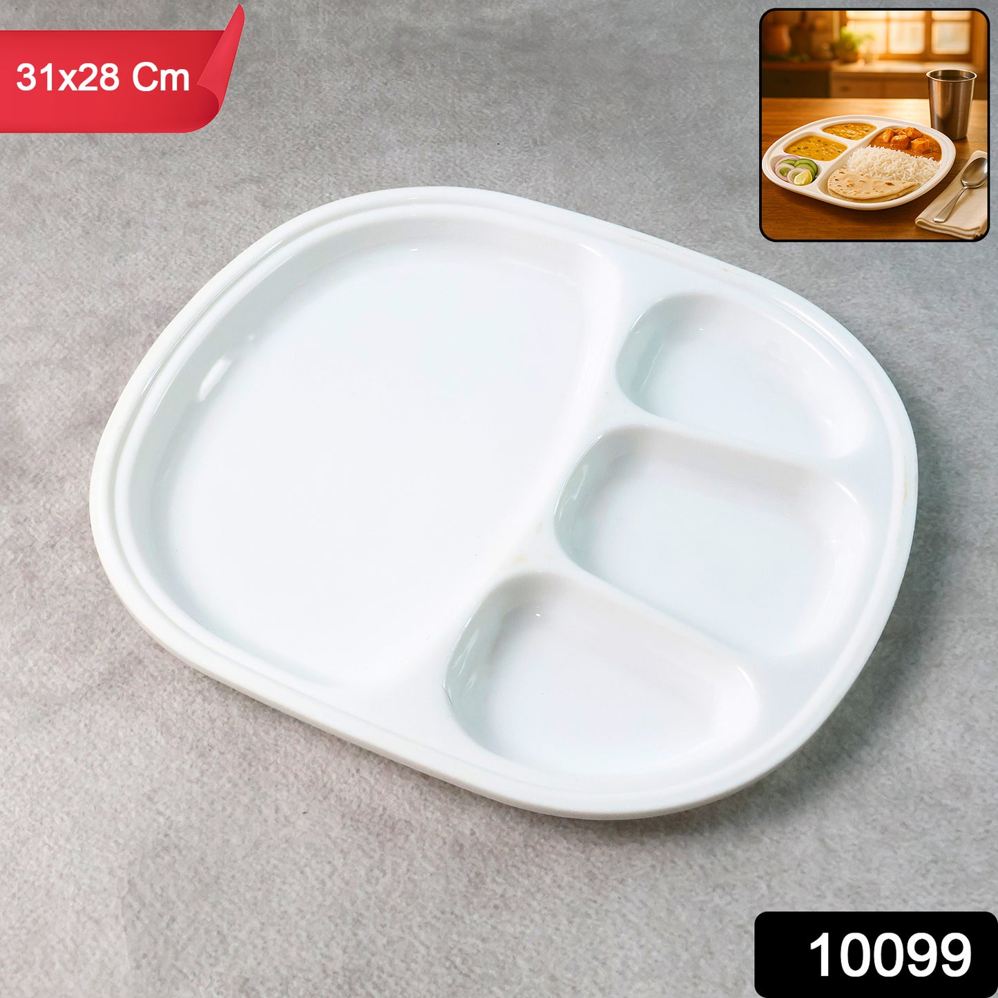 Large plastic dinner plate with four sections, Wukusy brand, ideal for serving meals with multiple food compartments.