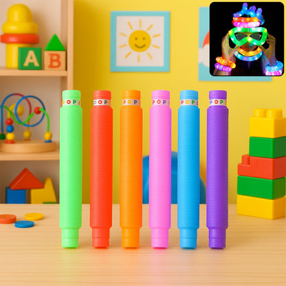 Colorful LED Glow Pop Tube fidget toy by Wukusy, showing flexible tube with bright LED lights in mixed colors.
