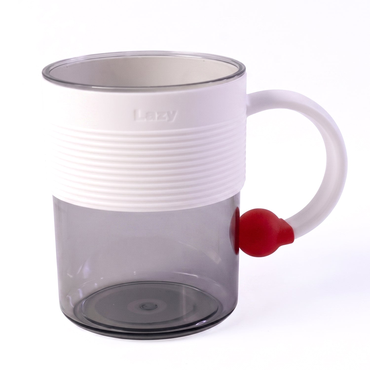 Clear plastic tea and coffee mug with a ring handle by Wukusy, ideal for home or office use, shown from a side view.