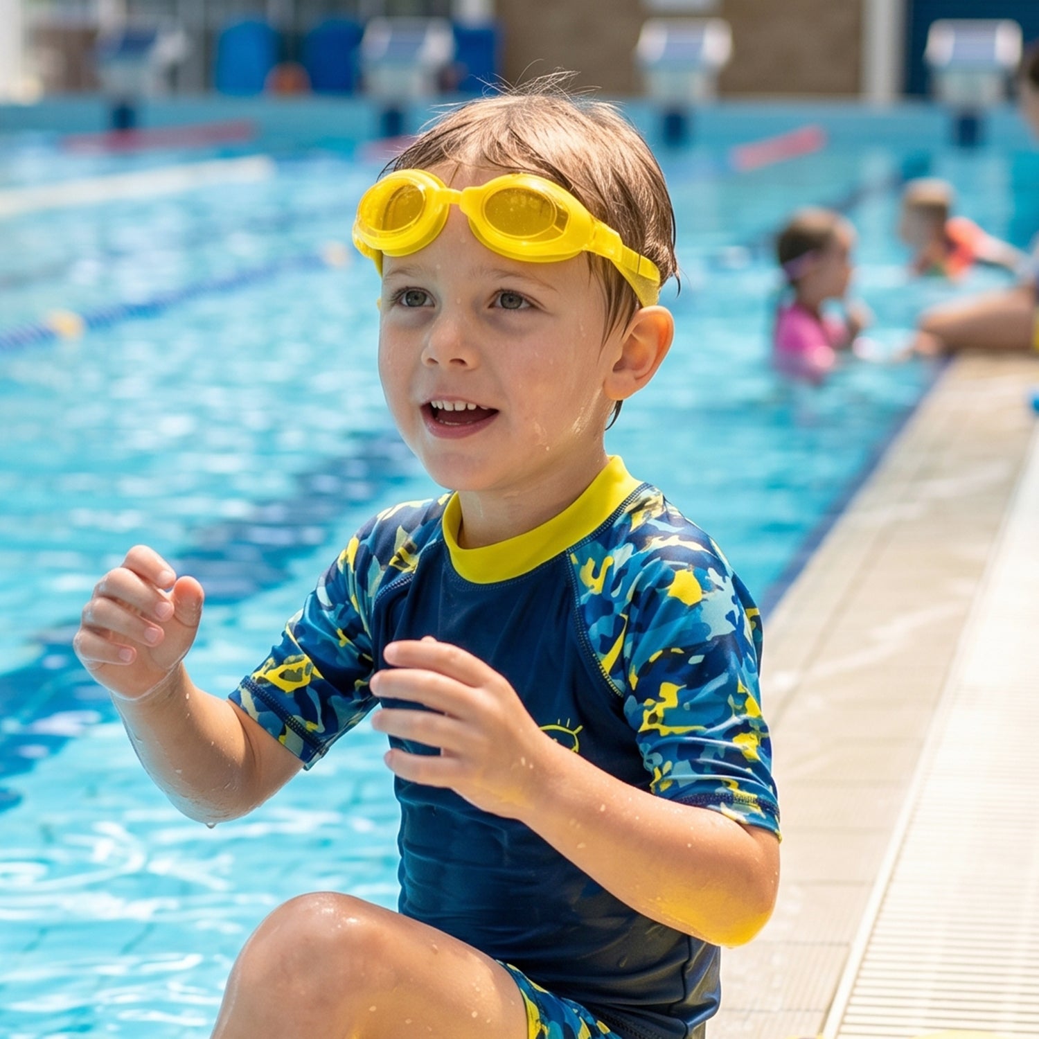 Kids colorful swimming goggles with anti-leak seal and adjustable strap, shown in a bright, playful design by Wukusy
