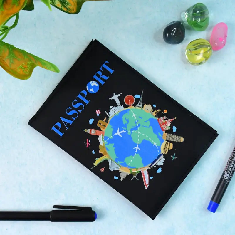 Ekom stylish printed passport holder cover with world map and landmark design, designed to organize travel documents.