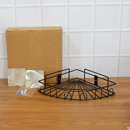 Wall-mounted corner bathroom storage rack by Wukusy, shown installed in a bathroom corner for organizing toiletries.