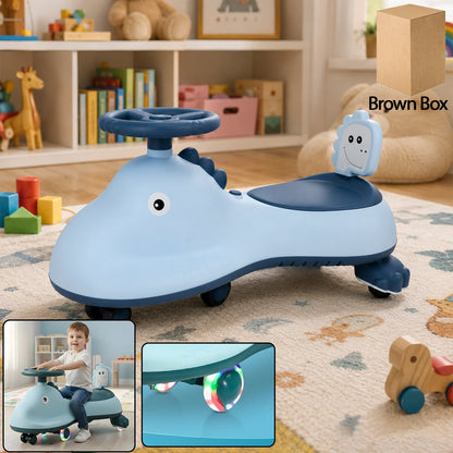 Blue Shark design kids swing car ride-on toy with music, featuring a twist mechanism, by Wukusy, perfect for active play.