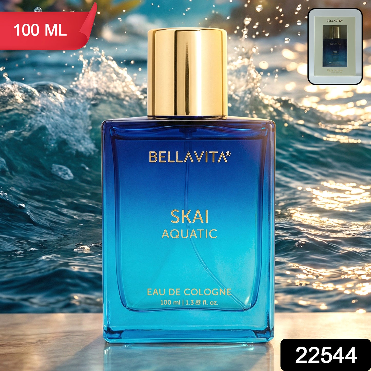 Bellavita Premium Skai Aquatic Eau De Cologne perfume bottle by Wukusy, featuring a sleek 100ml design with a sophisticated scent.
