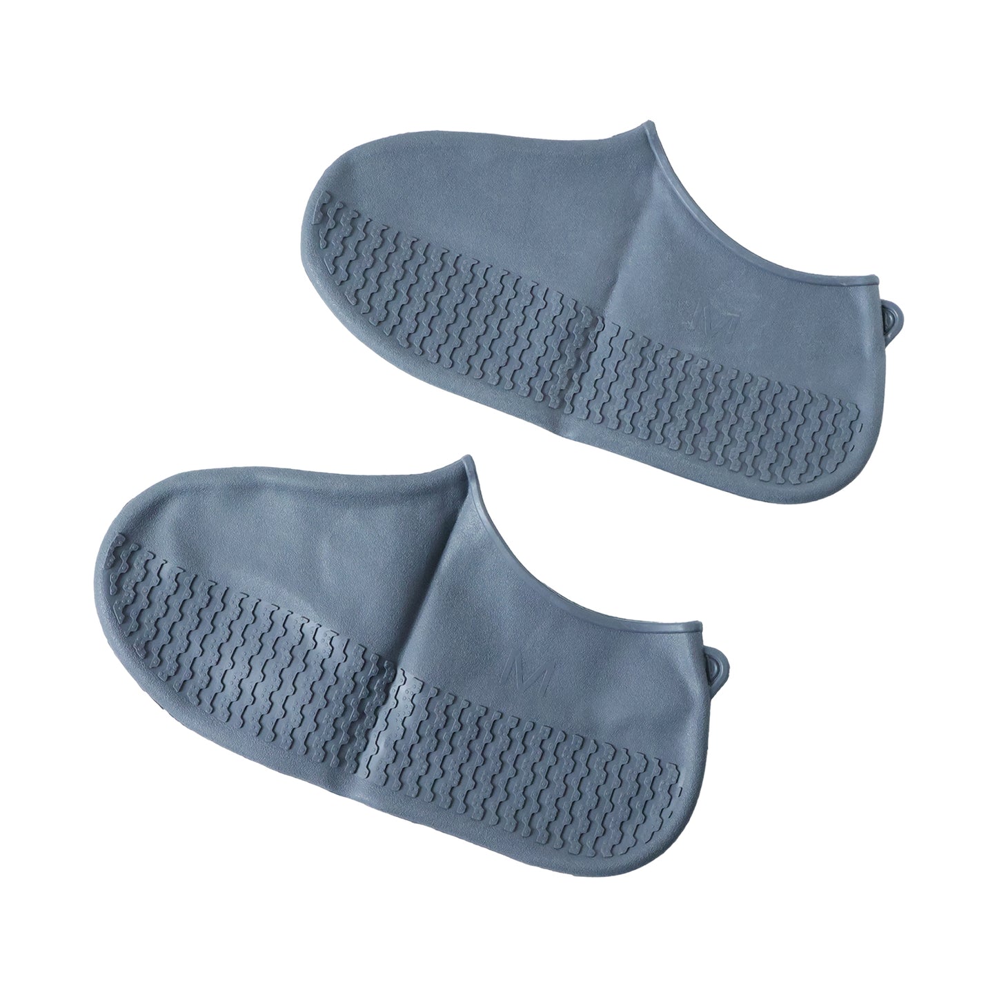 Pair of grey waterproof silicone shoe covers by Wukusy, medium size, protecting shoes from rain and mud.