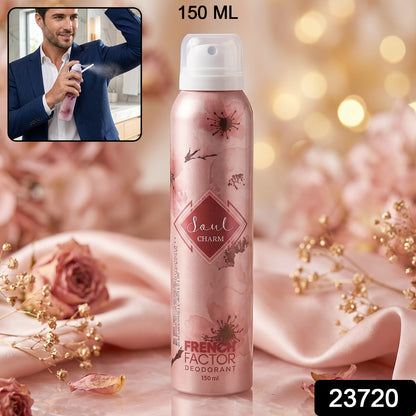 Wukusy French Factor Soul charm deodorant body spray bottle, 150 ml, with elegant packaging and branding.
