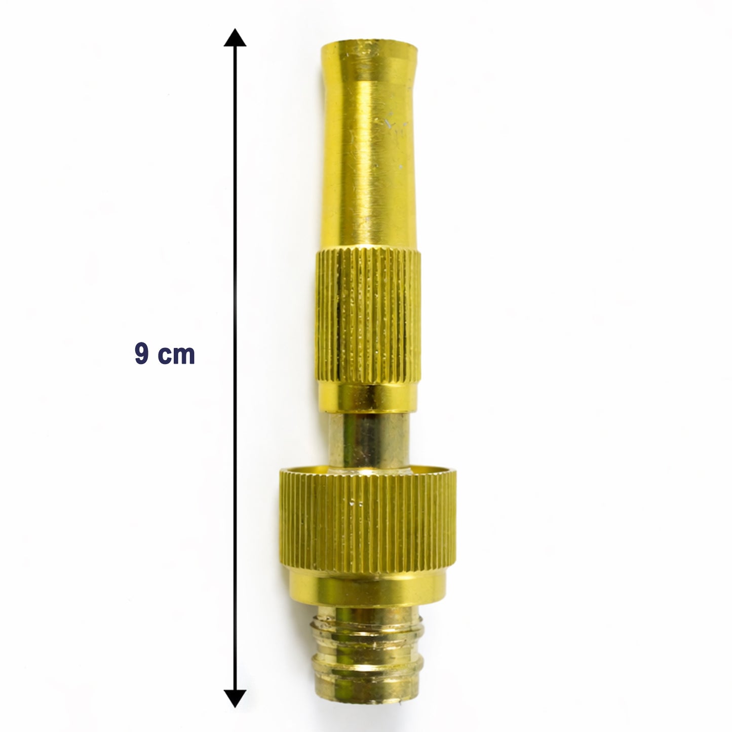 Heavy duty brass garden hose spray nozzle by Wukusy, shown attached to a garden hose with adjustable spray settings.