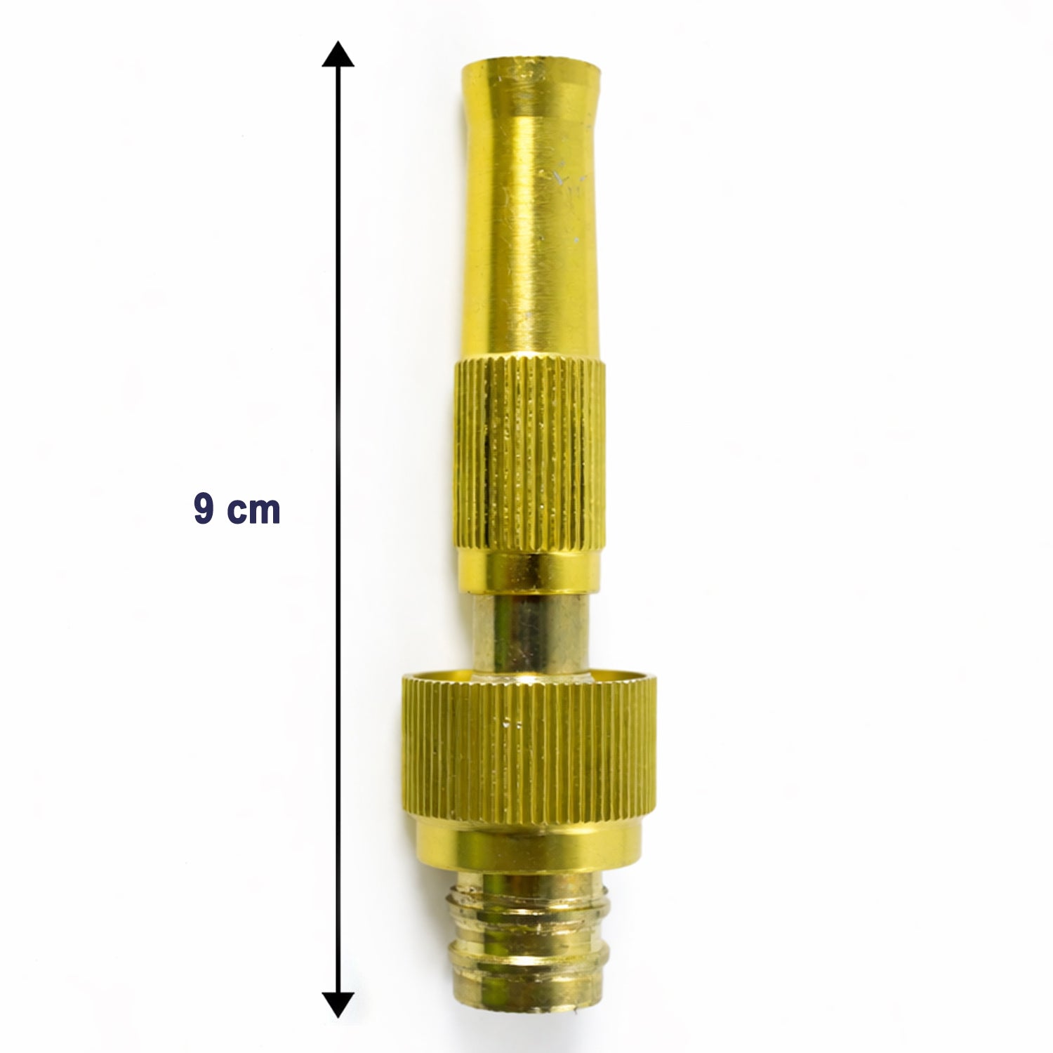Heavy duty brass garden hose spray nozzle by Wukusy, shown attached to a garden hose with adjustable spray settings.