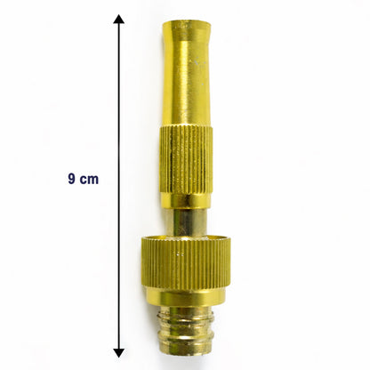 Heavy duty brass garden hose spray nozzle by Wukusy, shown attached to a garden hose with adjustable spray settings.
