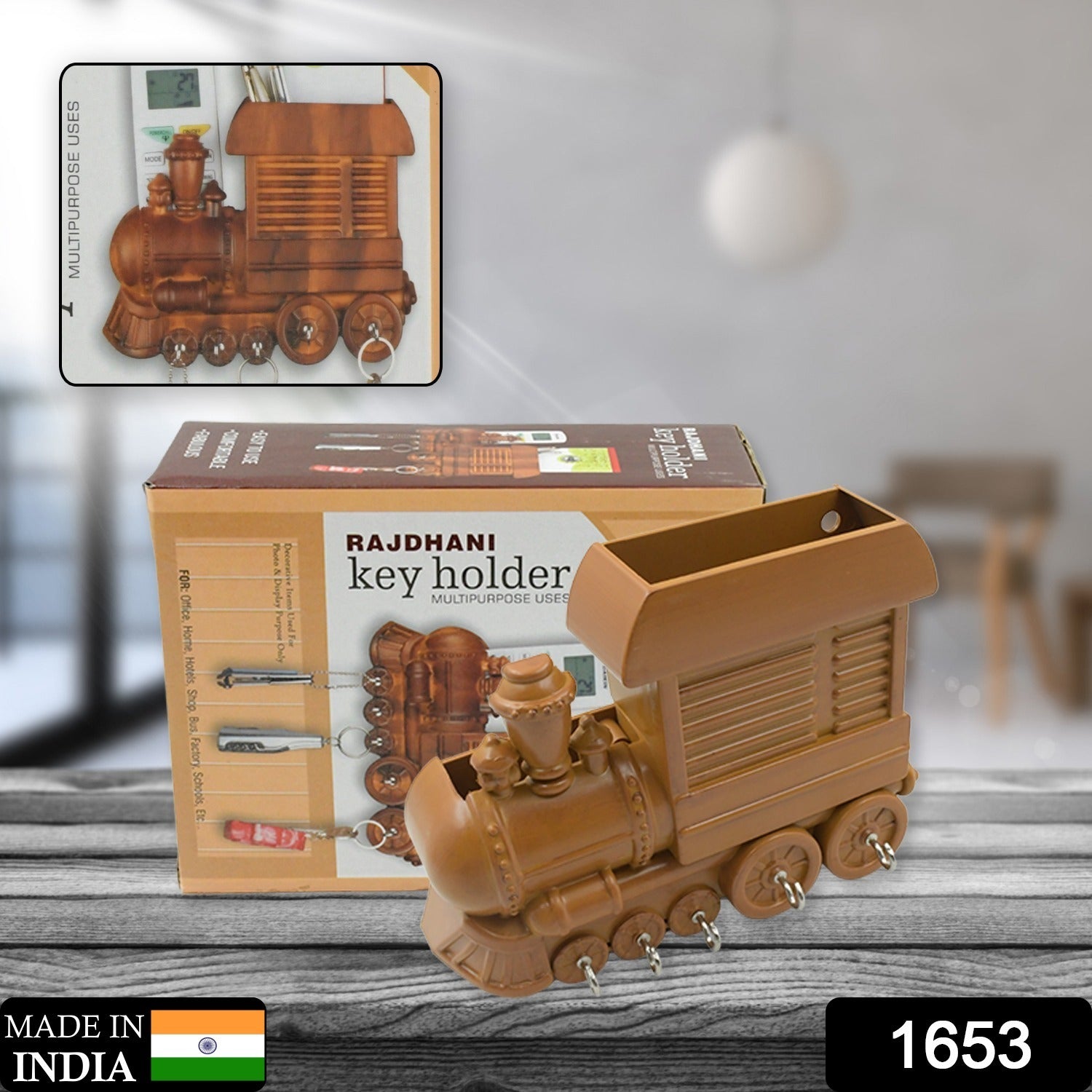 Plastic train engine key holder by Wukusy, decorative key organizer with a vintage train design for home or office use.
